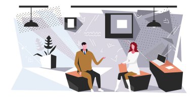 iş adamları çift ofiste oturan adam kadın beyin fırtınası toplantı veya röportaj kavramı iş adamları ortakları yeni proje veya gelecek strateji kroki tam uzunlukta yatay tartışıyor