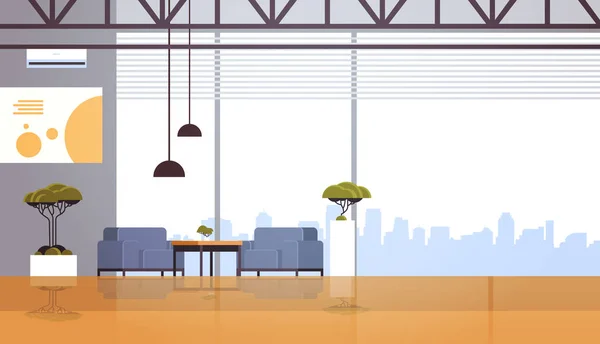 Moderne café intérieur vide aucune personne restaurant cafétéria design panoramique fenêtre moderne vue paysage urbain plat horizontal — Image vectorielle