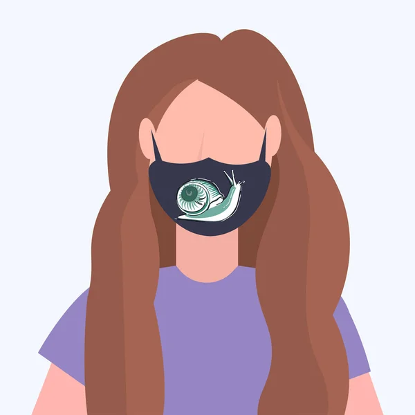 Vrouw dragen beschermende gezichtsmasker met slak pictogram smog luchtverontreiniging virusbescherming concept meisje profiel avatar vrouwelijke cartoon karakter portret plat — Stockvector