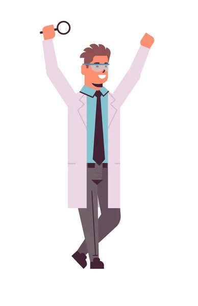 Erkek bilim adamı laboratuvar araştırma bilim kimyasal kavramı dikey tam uzunlukta düz deney analizi yapma üniforma büyüteç adam araştırmacı ile el kaldırarak — Stok Vektör