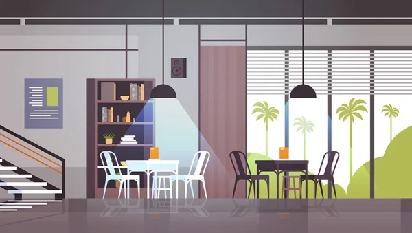 Café moderno interior vazio sem pessoas restaurante refeitório design plana horizontal —  Vetores de Stock