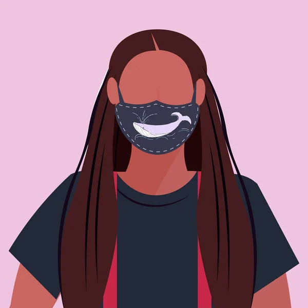 Vrouw het dragen van beschermende gezichtsmasker met walvis pictogram smog luchtverontreiniging virusbescherming concept African American Girl Profiel avatar vrouwelijke cartoon karakter portret plat — Stockvector