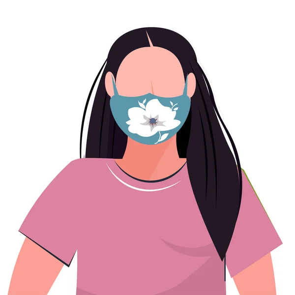 Donna che indossa maschera protettiva con icona del fiore smog inquinamento atmosferico virus protezione concetto ragazza profilo avatar femminile personaggio dei cartoni animati ritratto piatto — Vettoriale Stock