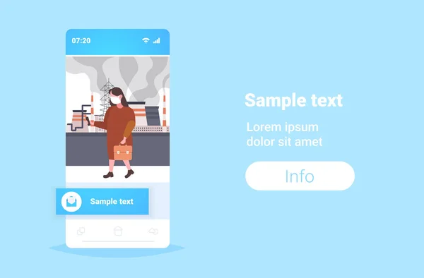핸드폰 공장 파이프 유독 한 공기 오염 산업 스모그 오염 환경 개념 여자 야외 산업 풍경 전체 길이 스마트폰 화면을 사용 하 여 얼굴 마스크에 사업가 — 스톡 벡터