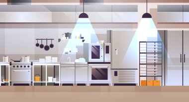 mutfak ve ekipman pişirme mutfak kavramı düz yatay ile profesyonel kafe veya restoran mutfak modern iç