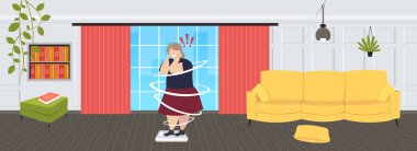 şişman kilolu kadın tartmak üzerinde duran sağlıksız yaşam tarzı obezite kilo kontrolü kavramı obez üzgün kız ünlem işaretleri modern oturma odası iç tam uzunlukta yatay