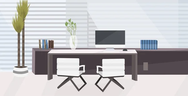 Стильное рабочее место с компьютерным монитором в офисе современный шкаф интерьер пустой нет места для людей с мебелью плоской горизонтальной — стоковый вектор