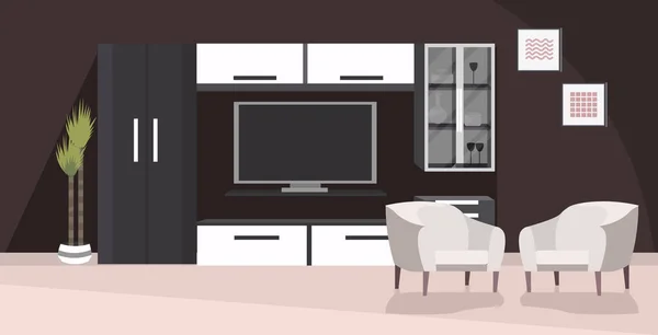 Κομψό σπίτι μοντέρνο σαλόνι εσωτερικό άδειο χωρίς άτομα διαμέρισμα με έπιπλα επίπεδη οριζόντια — Διανυσματικό Αρχείο