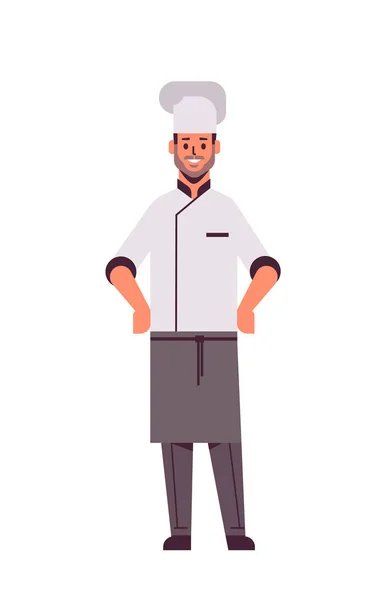 Macho profesional chef cocinero de pie pose hombre restaurante cocina trabajador en uniforme cocina comida concepto plana longitud completa vertical — Vector de stock