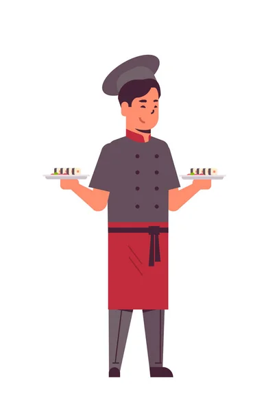 Pánský asijský kuchař kuchař s čerstvým sushi rolou muži restaurace kuchyňský pracovník v uniformní podnose s japonským tradičním pojetím jídla plochý s celou délkou svisle — Stockový vektor