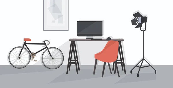 Lugar de trabajo creativo con monitor de computadora moderno interior de oficina vacío ninguna sala de personas con muebles plana horizontal — Vector de stock