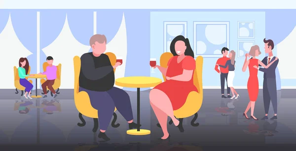 Fat overweight couple sitting at cafe table obese man woman drinking wine unhealthy lifestyle obesity concept people having fun modern restaurant flat full length horizontal — Stock Vector