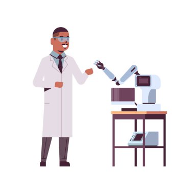 robot manipülatör akıllı tıbbi makine otomatik teknoloji kavramı tam uzunlukta düz üniforma lı endüstriyel robotik kol afro-amerikan adam yakın erkek bilim adamı