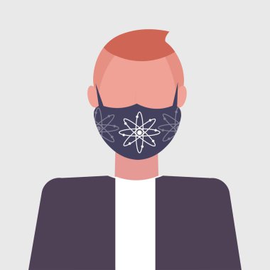 atom simgesi sis hava kirliliği virüs koruma ekoloji kavramı adam profil avatar erkek çizgi film karakter portre düz ile koruyucu yüz maskesi giyen adam