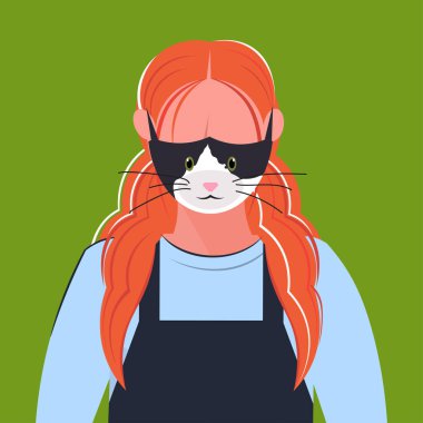 kedi yüz sis hava kirliliği virüs koruma kavramı kız profil avatar kadın çizgi film karakter portre düz koruyucu maske giyen kadın