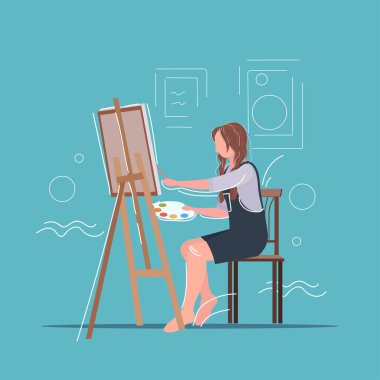 şelat sanat yaratıcılık hobi yaratıcı meslek kavramı tam uzunlukta önünde oturan boya fırçası ve paletkadın sanatçı kullanarak kadın ressam