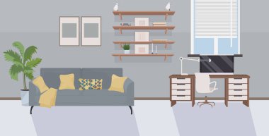 stylish workplace with computer at home empty no people house with furniture modern living room interior flat horizontal