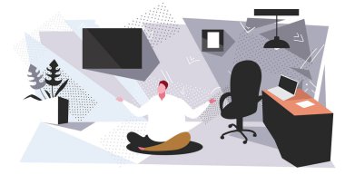 şişman işadamı oturan lotus zemin obez iş adamı sakin yoga meditasyon kavramı modern ofis iç kroki yatay vektör illüstrasyon tutmak poz