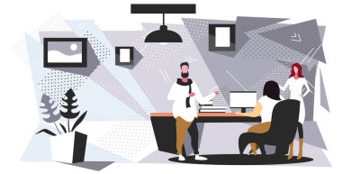 iş adamları birlikte çalışan beyin fırtınası kavramı iş adamları ofis iç kroki yatay tam uzunlukta toplantı sırasında kadın patron ile yeni iş projesi tartışıyor