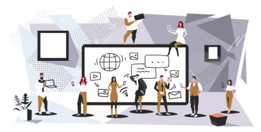 tablet bilgisayar uygulaması sosyal medya iletişim dijital bağımlılık kavramı iş insanlar toplantı sırasında tartışırken kullanarak işadamları grup modern ofis iç tam uzunlukta kroki yatay