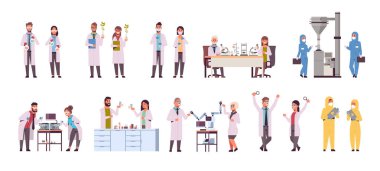 tıbbi ekipman araştırma bilim kavramı tam uzunlukta düz yatay çalışma üniforma laboratuvar bilim adamları grubunda deneyler yapan farklı bilimsel araştırmacılar ayarlayın