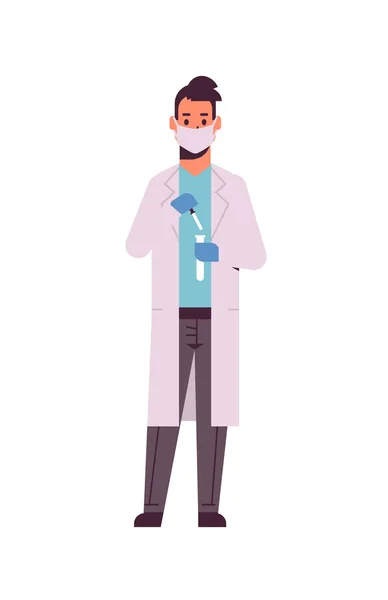 Mužského vědeckého výzkumného pracovníka, který drží zkoušenou zkumavku člověka v uniformách práce s baňatovou vědou a experimentováním s laboratorním výzkumem věda chemický koncept — Stockový vektor
