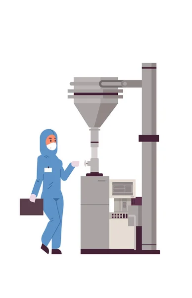 Ženský vědec pracující s ovládacím panelem stisknout tlačítko Start na speciální strojní ženě v ochranném obleku farmaceutické položky výroba koncept vertikální plná délka — Stockový vektor
