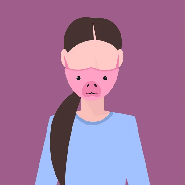 Wanita mengenakan topeng pelindung dengan wajah babi polusi udara konsep perlindungan virus gadis profil avatar wanita potret karakter kartun datar - Stok Vektor