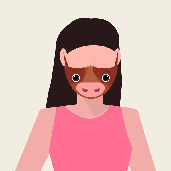 Wanita mengenakan topeng pelindung dengan wajah sapi polusi udara konsep perlindungan virus gadis profil avatar wanita potret karakter kartun datar - Stok Vektor