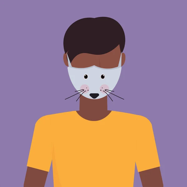 Άνθρωπος φορώντας προστατευτική μάσκα με το ποντίκι πρόσωπο μόλυνση του ιού προστασία από τον ιό αντιμετώπιση των ιών αφρικανική αμερικανική προφίλ είδωλο αρσενικό καρτούν χαρακτήρα πορτρέτο επίπεδη — Διανυσματικό Αρχείο