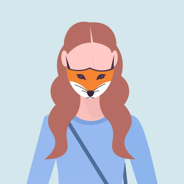 妇女 戴防护面具 与 狐狸 脸 烟雾 空气污染 病毒 保护 概念 女孩 配置文件 化身 女性 卡通 人物 肖像 平 — 图库矢量图片
