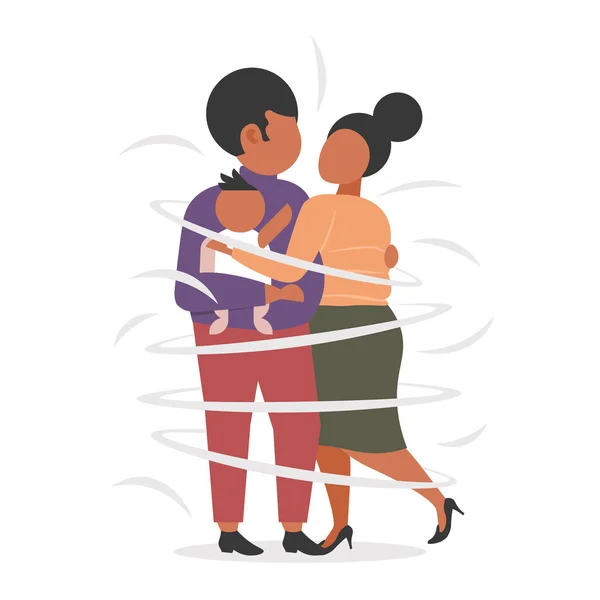 アフリカ系アメリカ人の両親と子供が一緒に立っている脂肪肥満の家族は、楽しいフラットな完全な長さを持つ息子と太りすぎの男性の女性を抱きしめる — ストックベクタ