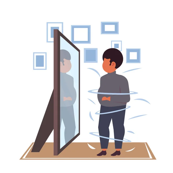 Жирний надмірна вага чоловік дивиться на відображення в дзеркалі сумний ожиріння афроамериканський хлопець нездоровий спосіб життя концепція ожиріння плоска повна довжина — стоковий вектор