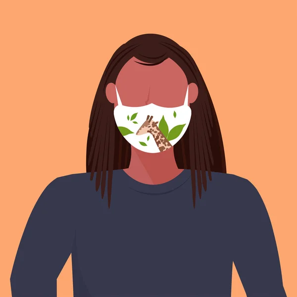 Γυναίκα φορώντας προστατευτική μάσκα προσώπου με την καμηλοπάρδαλη εικονίδιο νέφος καταπολέμηση της ρύπανσης του ιού της ατμόσφαιρας έννοια αφρικανική αμερικανική προφίλ είδωλο θηλυκό καρτούν χαρακτήρα πορτραίτο επίπεδη — Διανυσματικό Αρχείο