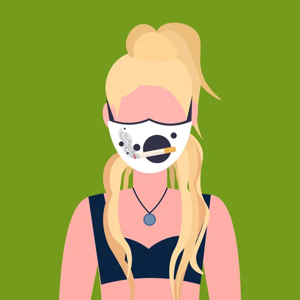 Wanita mengenakan topeng wajah pelindung dengan ikon rokok polusi udara konsep perlindungan virus gadis profil avatar kartun wanita potret karakter datar - Stok Vektor