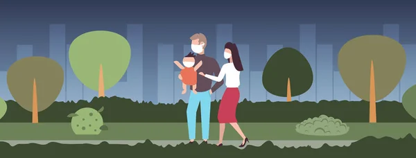 Familia en máscaras faciales caminar al aire libre contaminación del aire tóxico industria smog contaminado medio ambiente concepto padres e hijos de pie juntos noche paisaje urbano fondo longitud completa horizontal — Vector de stock