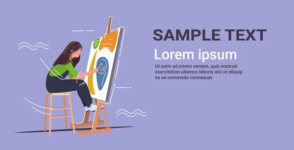 Painter using paintbrush and palette woman artist sitting in front of easel art creativity hobby creative occupation concept copy space full length horizontal — Stock Vector