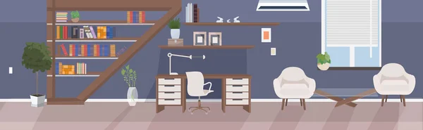 Local de trabalho elegante em casa moderna sala de estar interior vazio sem pessoas casa com mobiliário plana horizontal —  Vetores de Stock