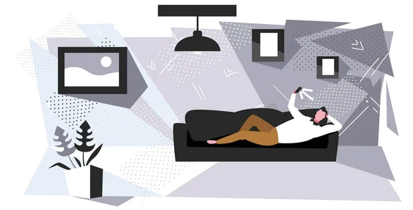 Uomo scattare selfie su smartphone fotocamera ragazzo sdraiato sul divano social media network concetto di comunicazione moderno salotto interno schizzo orizzontale a tutta lunghezza — Vettoriale Stock