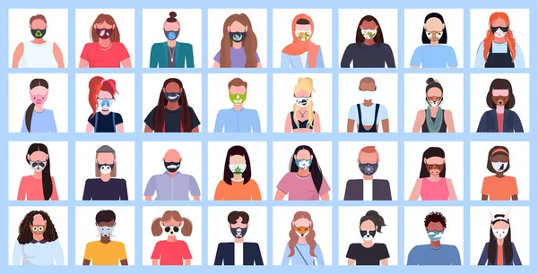 Set men women wearing protective face mask with different icons smog air pollution virus protection concept mix race people profile avatars female male cartoon characters portrait flat horizontal — Stock Vector