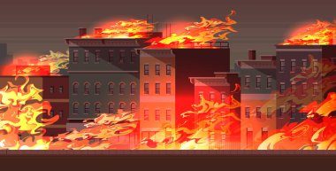 şehir sokak turuncu alev cityscape arka plan düz yatay yanan binalarda yangın