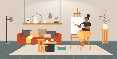 yağ obez kadın ressam paintbrush ve palet kilolu kız sanatçı resim kullanarak şüskül yaratıcı meslek obezite kavramı modern oturma odası iç tam uzunlukta düz yatay