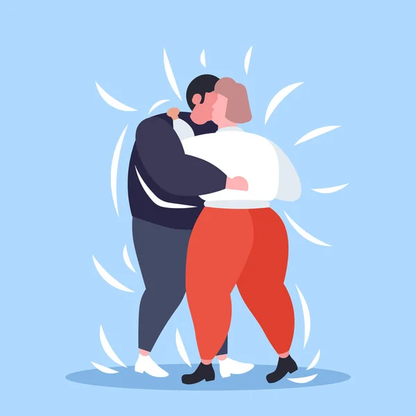 太った肥満カップルが一緒に踊る太りすぎの男性女性は減量肥満の概念を抱きしめるフラットフルレングス — ストックベクタ