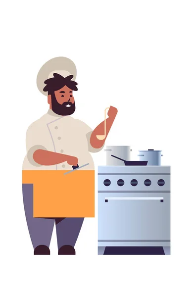 Male professional chef cook preparing and tasting dishes african american man restaurant worker in uniform near kitchen stove cooking food concept flat full length vertical — Stock Vector