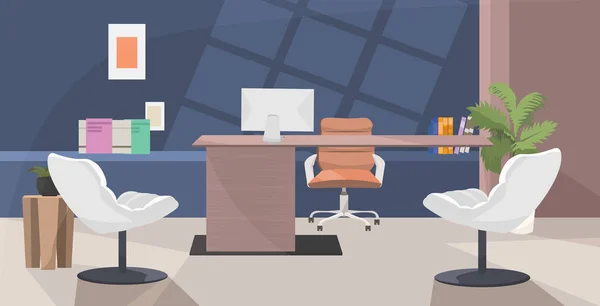 Стильное рабочее место современный кабинет интерьер пустой нет людей рабочее пространство офисная комната с мебелью плоской горизонтальной — стоковый вектор