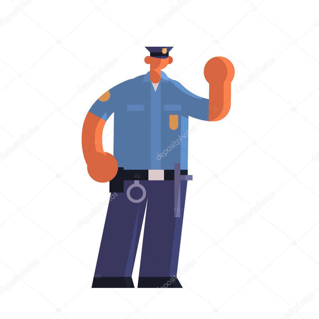 male police officer holding hand with stop gesture policeman in uniform security authority justice law service concept flat full length white background
