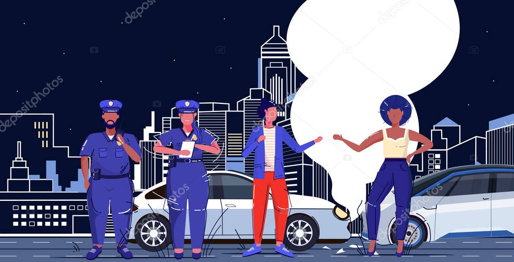 police officers couple writing report fine for mix race female drivers arguing near damaged autos car accident concept night cityscape background sketch horizontal full length