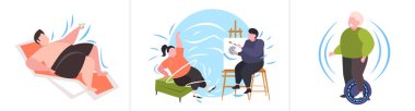 farklı pozlar şişman obez insanlar kilolu erkek kadın karakterler toplama obezite sağlıksız yaşam tarzı kavramı düz tam uzunlukta yatay