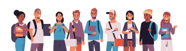 kitap tutan öğrenci grubu karışık yarış kız ve sırt çantaları ile birlikte eğitim kavramı kadın erkek çizgi film karakterleri yatay portre düz ayakta