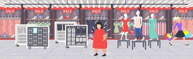 şişman obez kadın boyutu kız kadın giyim pazarı obezite kavramı alışveriş merkezi butik iç tam uzunlukta yatay vektör illüstrasyon ziyaret üzerinde moda mağazasında yeni elbise seçimi